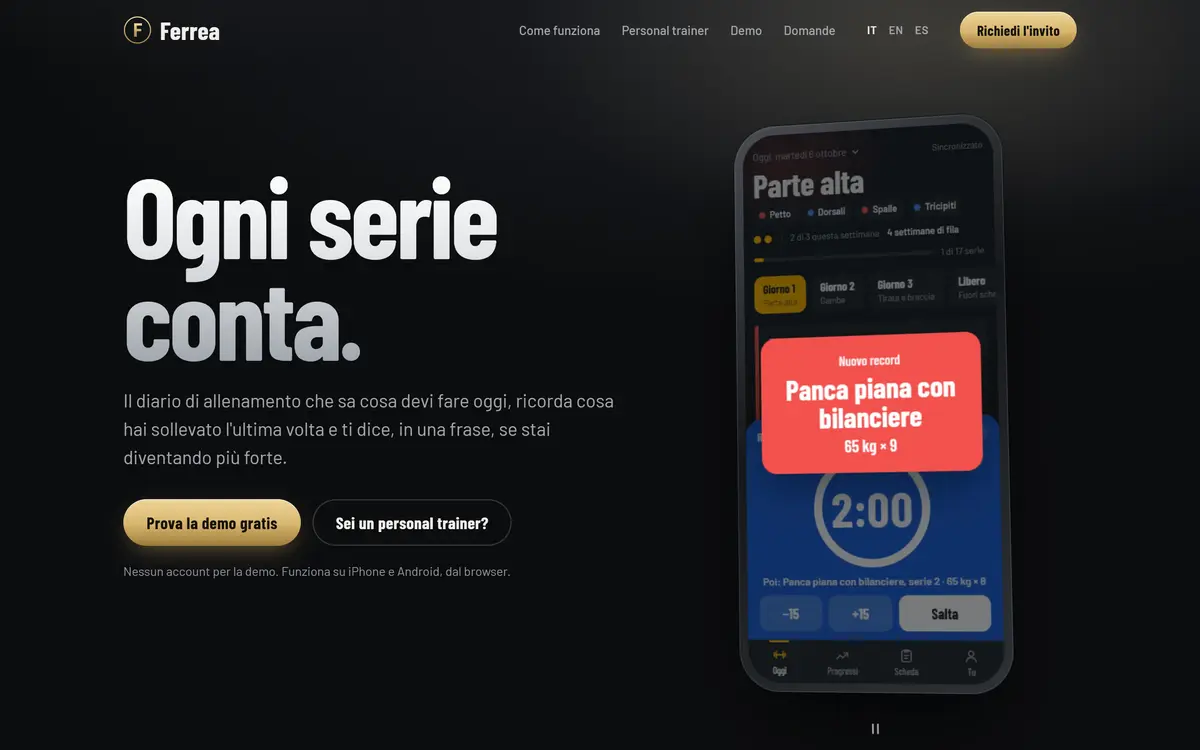Il sito di Ferrea: il titolo “Ogni serie conta.” e il telefono con l’app